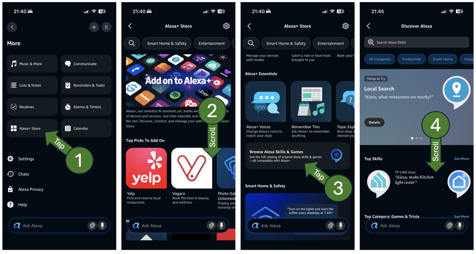 Four Amazon Alexa app screens showing the route to Alexa Skills: the More menu with Alexa+ Store marked as tap one, the Alexa+ Store with a scroll marked as step two, the Browse Alexa Skills and Games card marked as tap three, and the Discover Alexa screen with its search bar marked as step four.